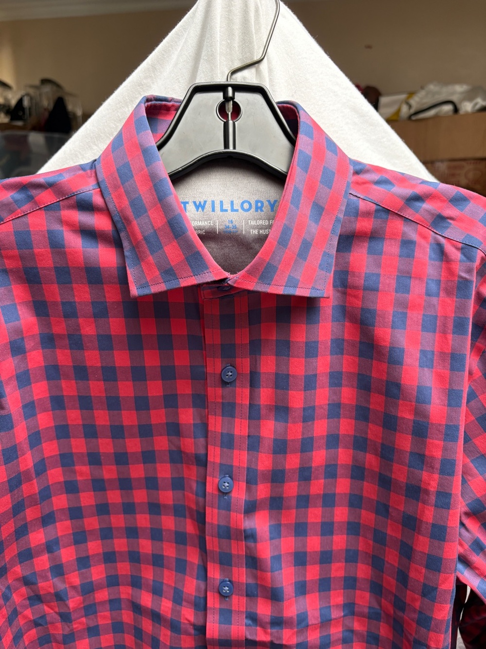 TWILLORY Shirt Mens 16.5 34/35 blue Red Performance Button up Tailored Check